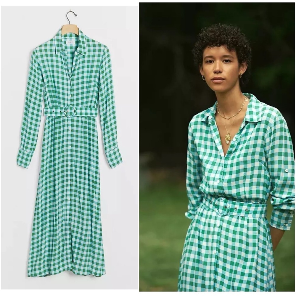 Anthropologie / NWT S/W/F Kellen Gingham Maxi Shirtdress blue green small S